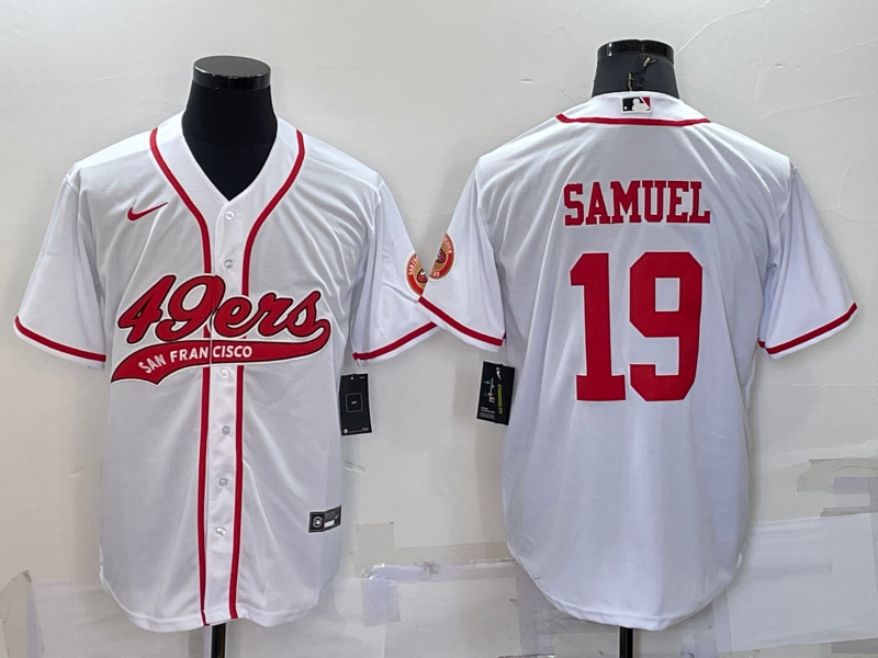 Men's San Francisco 49ers #19 Deebo Samuel White With Patch Cool Base Stitched Baseball Jersey Men's San Francisco 49ers #19 Deebo Samuel White With Patch Cool Base Stitched Baseball Jersey